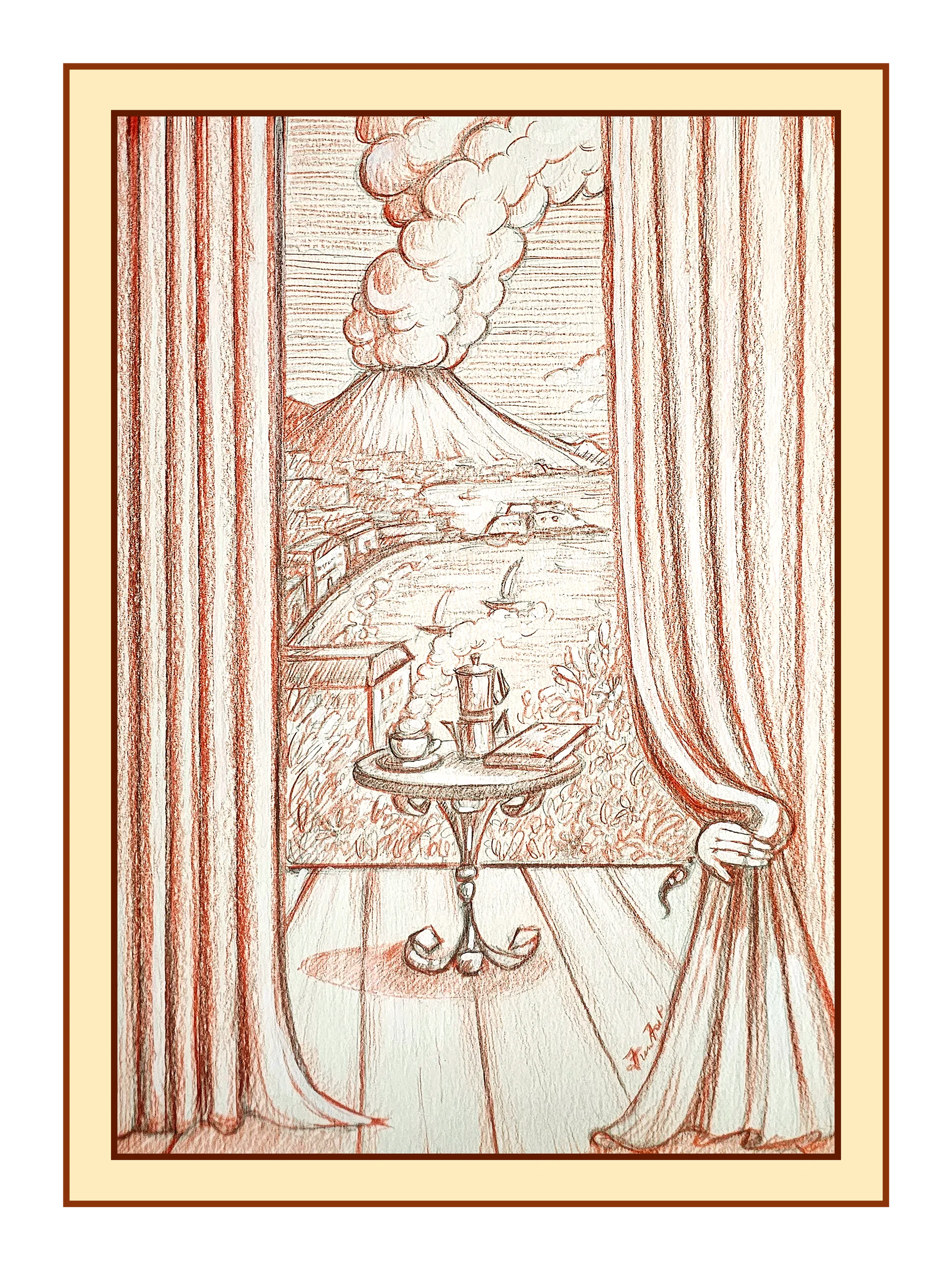 Una mano scosta il sipario su Napoli: il Vesuvio che fuma, il golfo e un tavolino con la moka e un libro. Disegno di Francesco Fortunato.